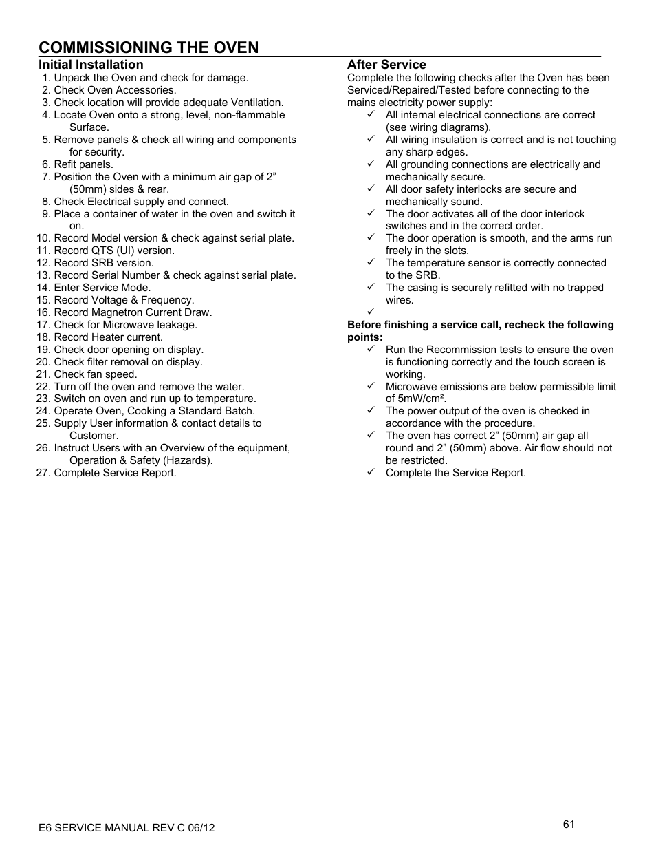 Commissioning the oven | Merrychef eikon e6 User Manual | Page 61 / 64