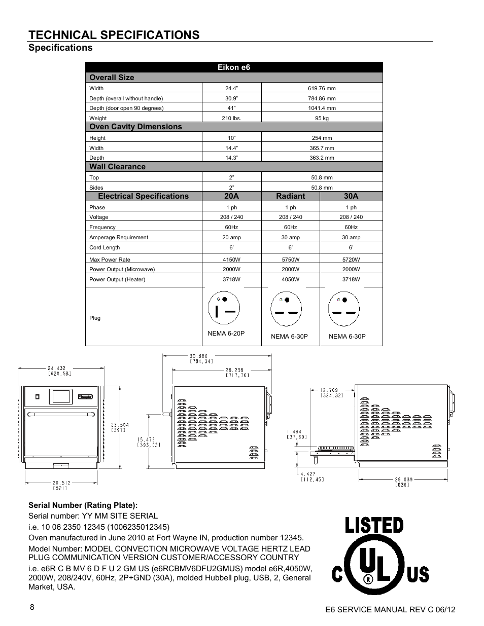 Technical specifications, Specifications, Serial number (rating plate) | Serial number: yy mm site serial, Oven cavity dimensions, Wall clearance, Electrical specifications 20a radiant 30a | Merrychef eikon e6 User Manual | Page 8 / 64
