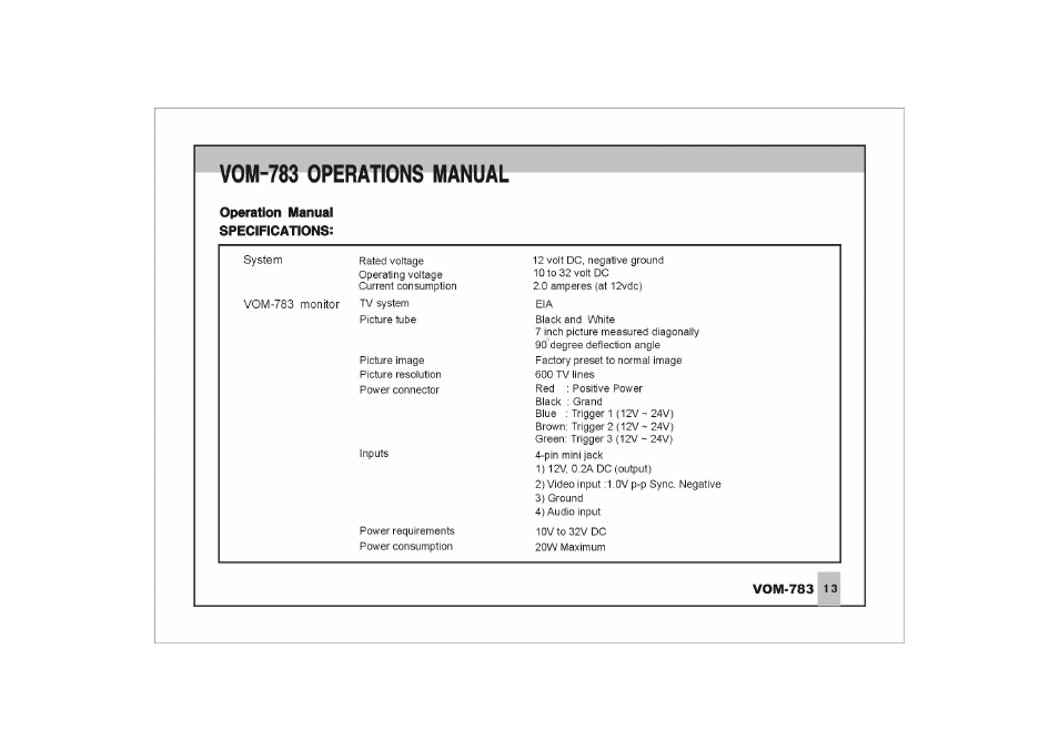 Operation manual specifications, Vom-783 operations manual | ASA Electronics VOM-783 User Manual | Page 14 / 16