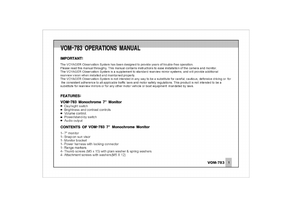 Features, Vom-783 monochrome 7" monitor, Contents of vom-783 7" monochrome monitor | Vom-783 operations manual | ASA Electronics VOM-783 User Manual | Page 2 / 16