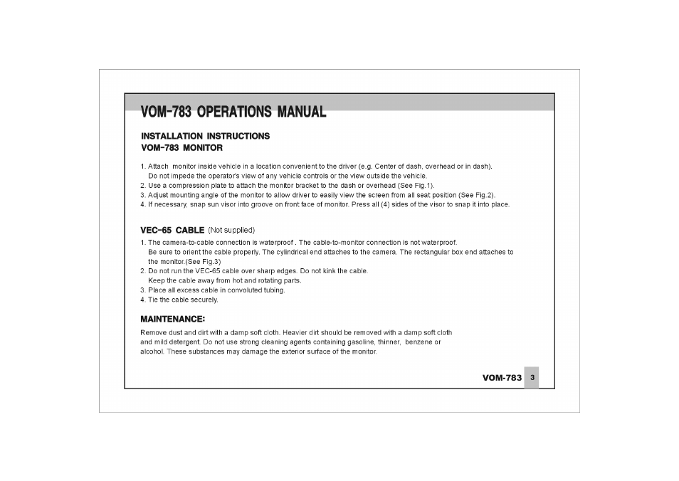 Installation instructions vom-783 monitor, Maintenance, Vom-783 operations manual | ASA Electronics VOM-783 User Manual | Page 4 / 16