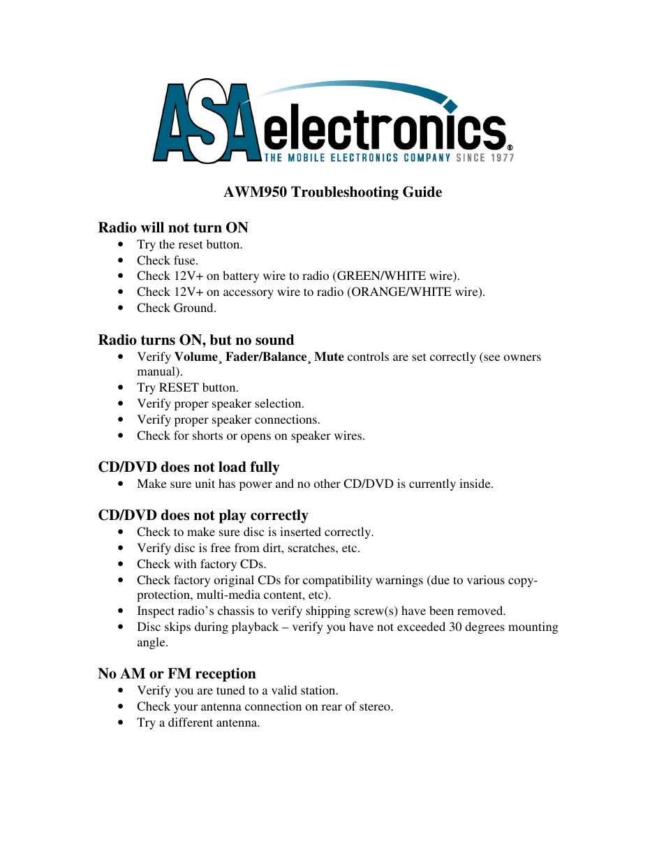ASA Electronics AWM950 User Manual | 2 pages