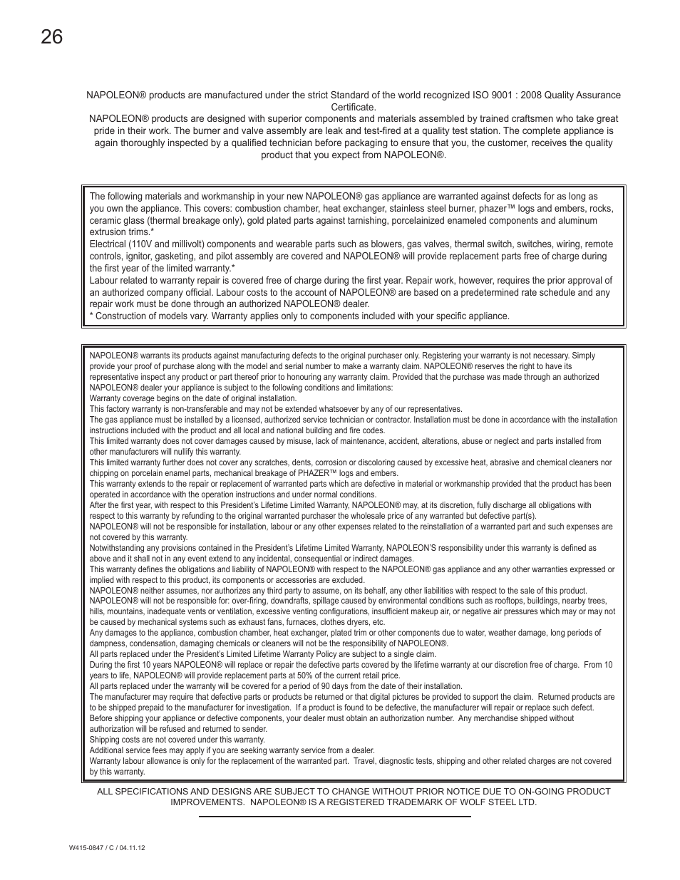 0 warranty | Napoleon Fireplaces Torch - GVFT8 User Manual | Page 26 / 28