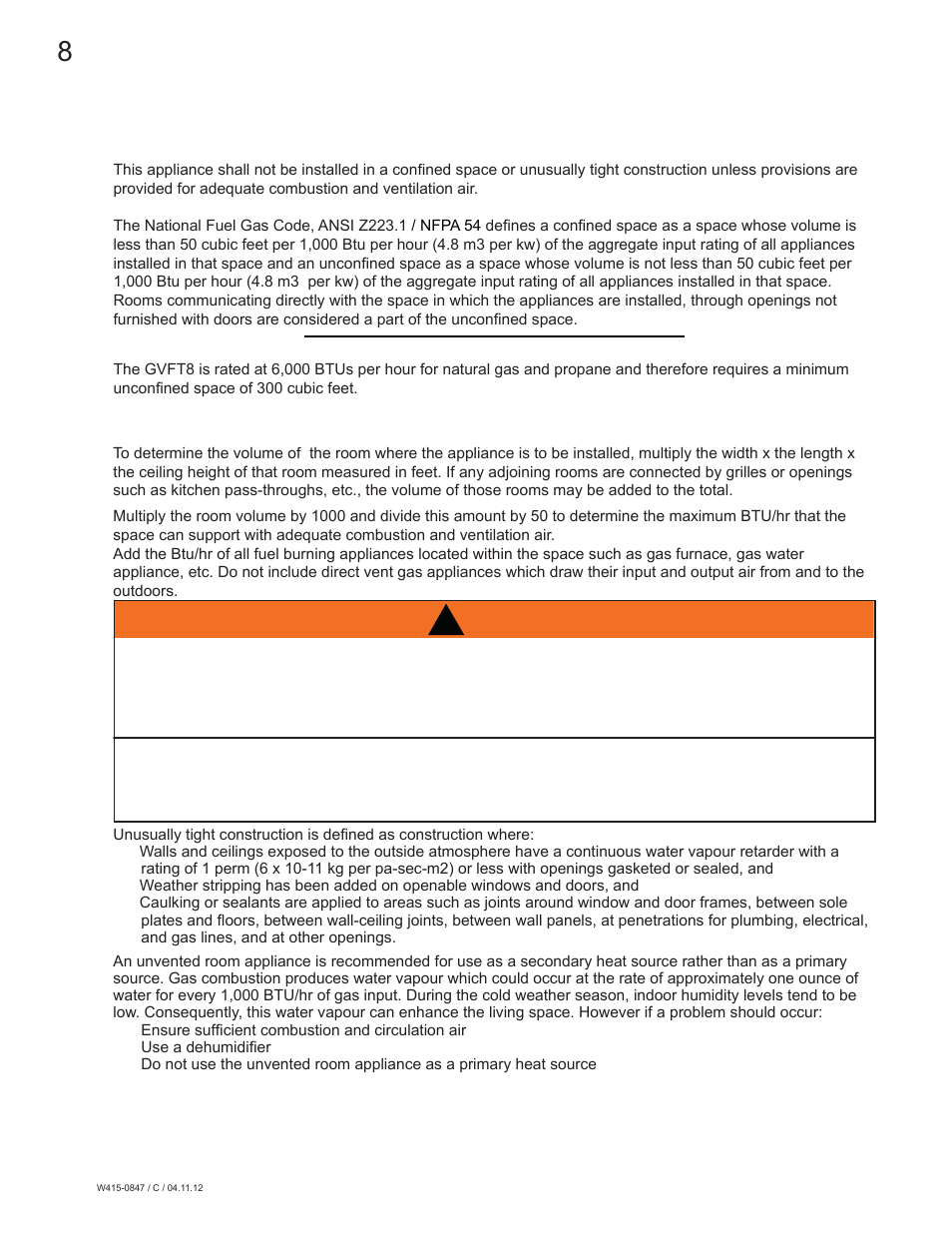 Warning, 0 installation | Napoleon Fireplaces Torch - GVFT8 User Manual | Page 8 / 28