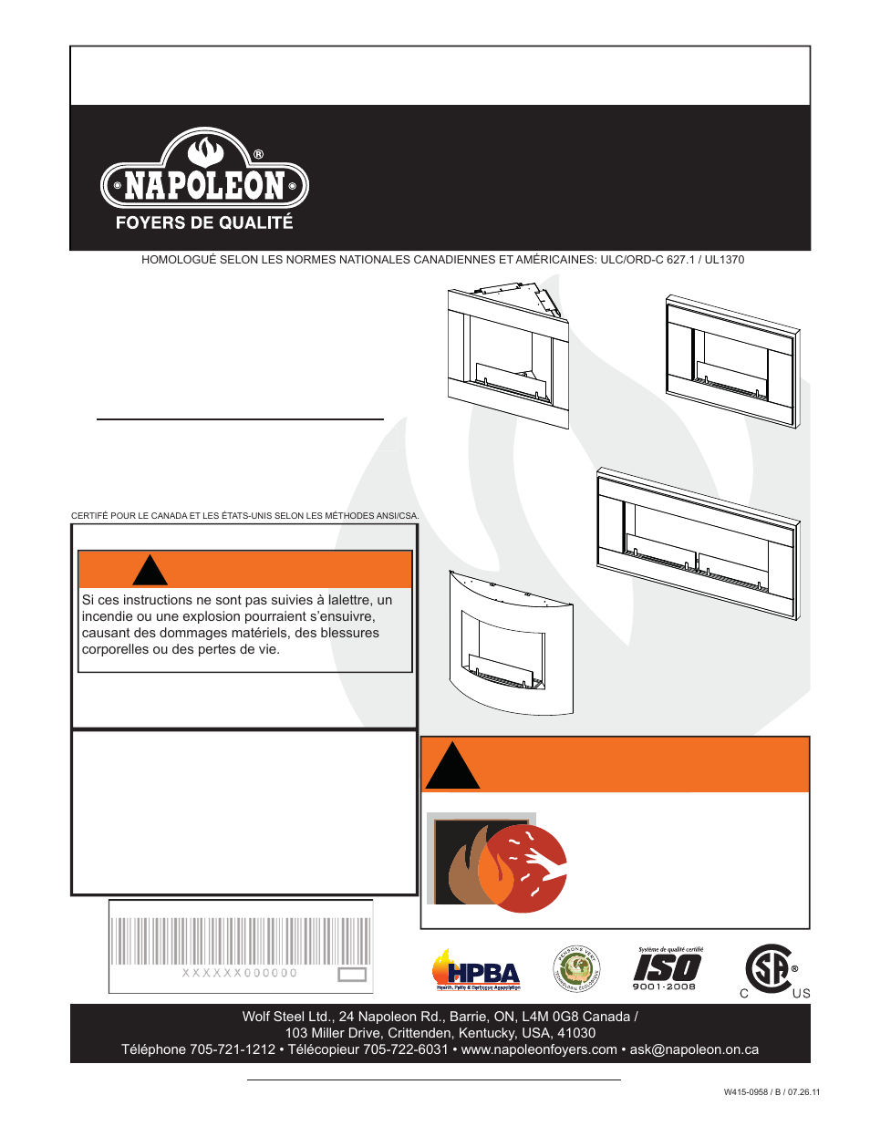 Avertissement, Wmfe1, wmfe2, wmfe3 & wmfe4, Instructions d’installation et d’opération | Appareil décoratif à l'éthanol | Napoleon Fireplaces Corner Model – WMFE1 User Manual | Page 21 / 64