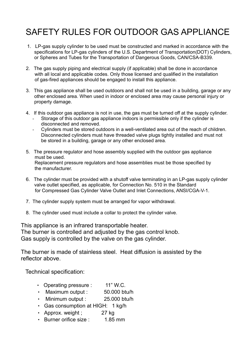 Safety rules for outdoor gas appliance | Napoleon Fireplaces PTH2650 User Manual | Page 3 / 9