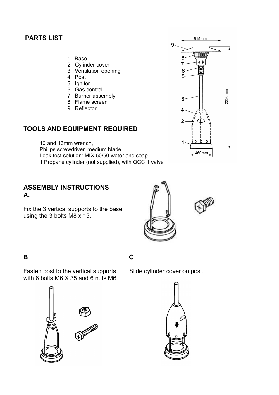 Parts list, Tools and equipment required, Assembly instructions | Napoleon Fireplaces PTH2650 User Manual | Page 5 / 9