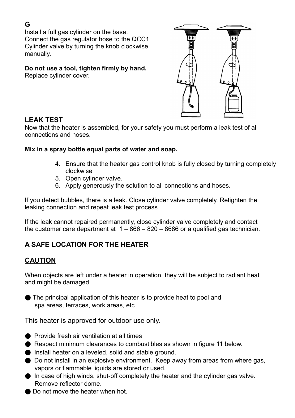 Leak test, A safe location for the heater, Caution | Napoleon Fireplaces PTH2650 User Manual | Page 7 / 9