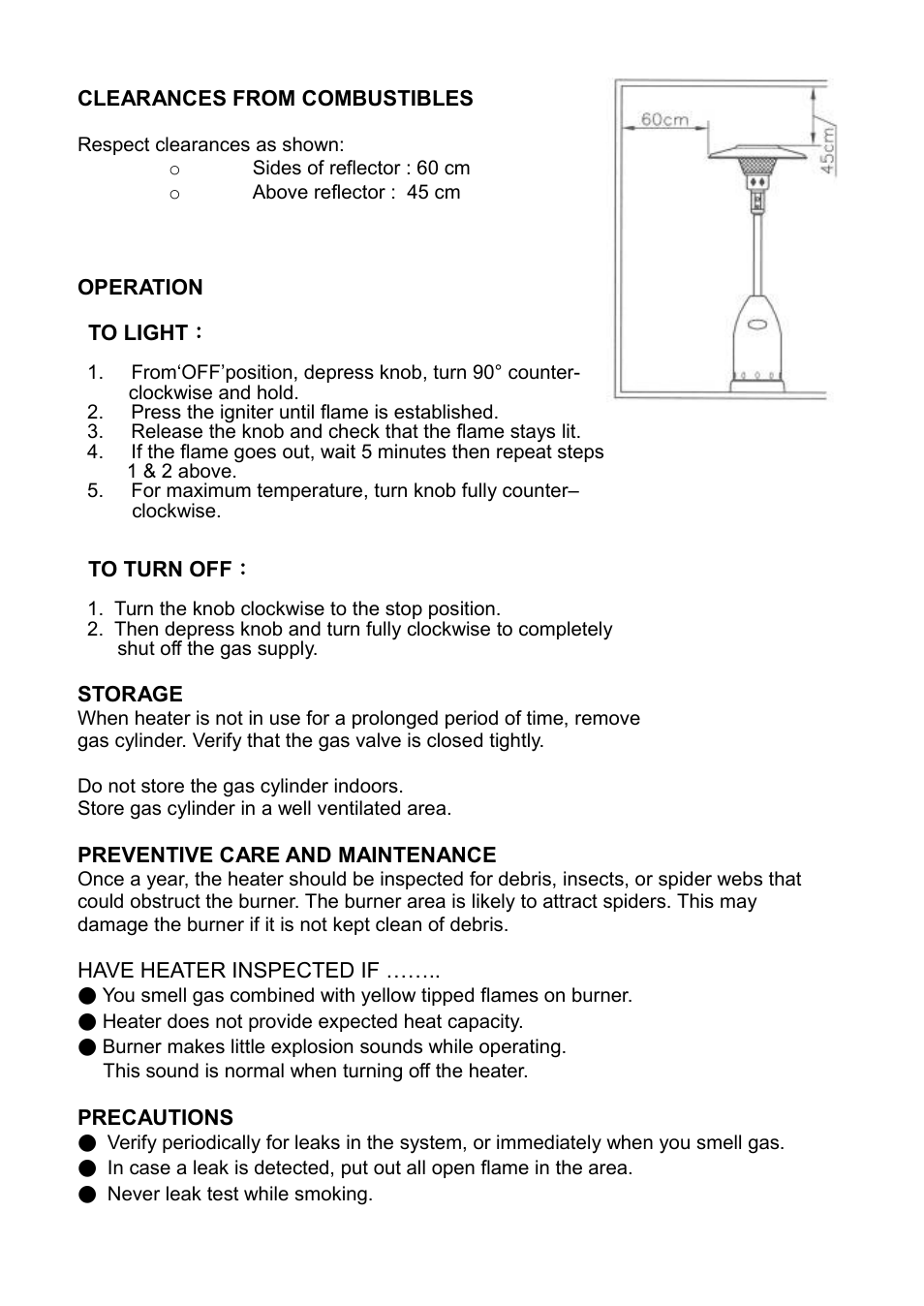Clearances from combustibles, Operation, Storage | Preventive care and maintenance, Precautions | Napoleon Fireplaces PTH2650 User Manual | Page 8 / 9