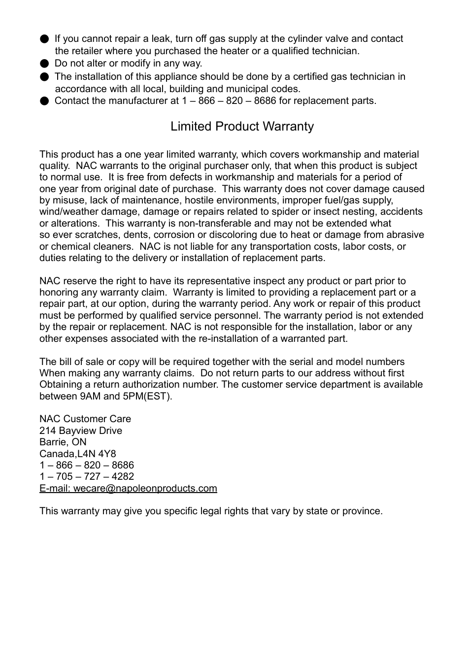 Limited product warranty | Napoleon Fireplaces PTH2650 User Manual | Page 9 / 9