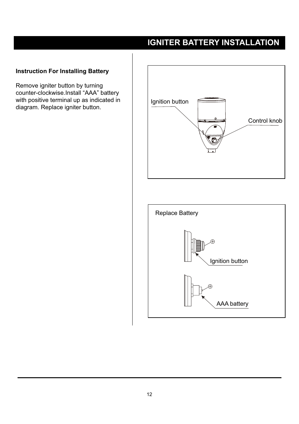 Igniter battery installation | Napoleon Fireplaces PTH40PGM User Manual | Page 12 / 20