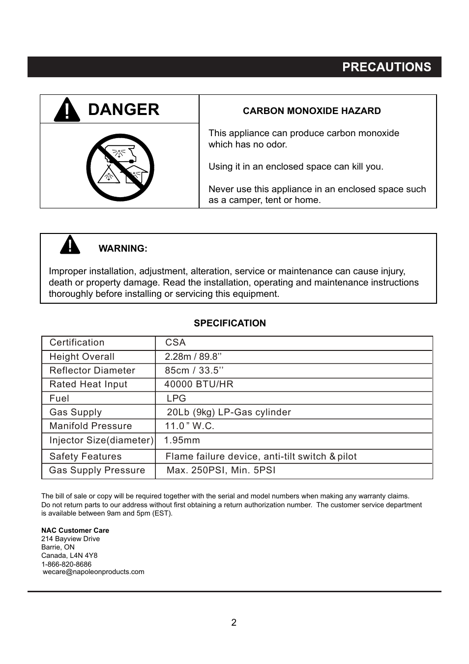 Danger | Napoleon Fireplaces PTH40PGM User Manual | Page 2 / 20