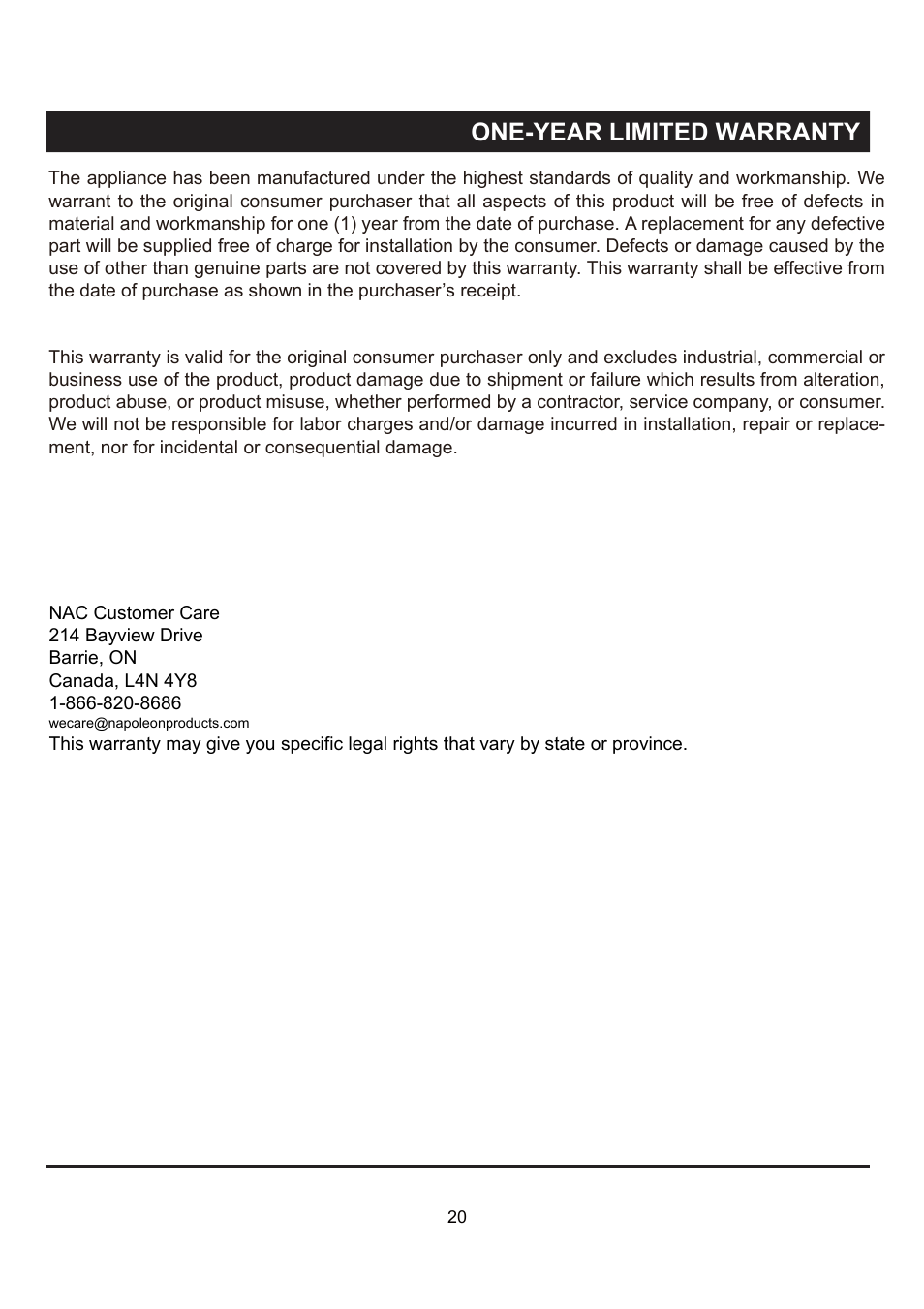 One-year limited warranty | Napoleon Fireplaces PTH40PGM User Manual | Page 20 / 20