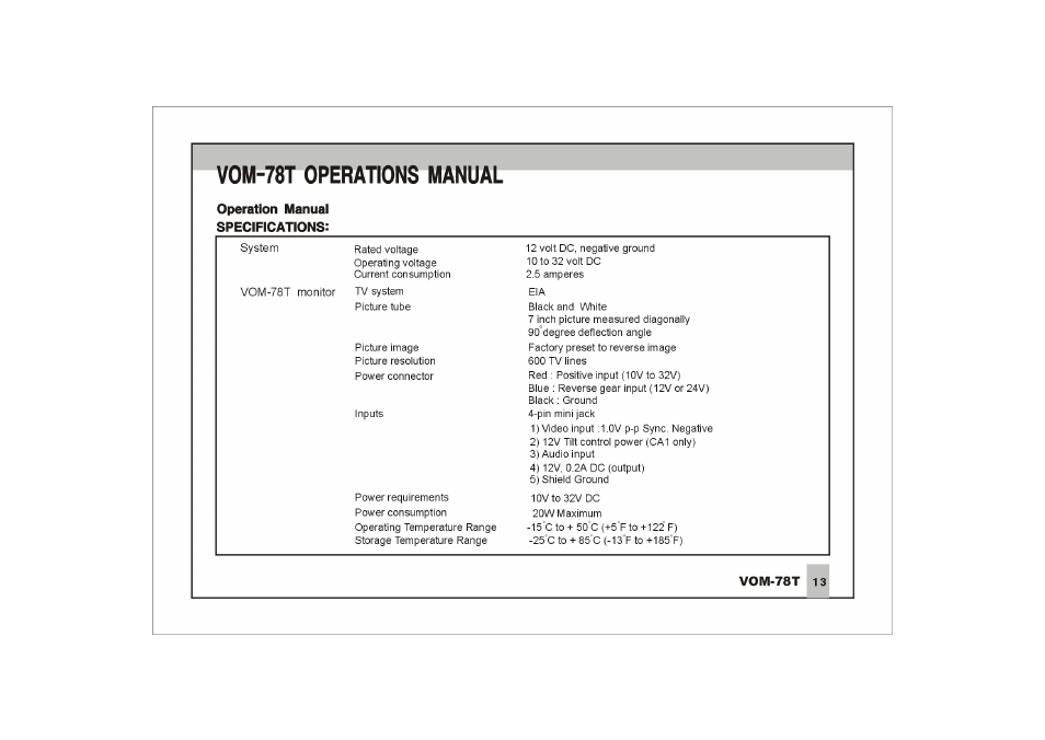 Operation manual specifications, Vom-78t operations manual | ASA Electronics Voyager VOM78T User Manual | Page 14 / 16