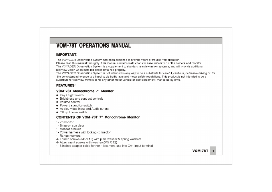 Important, Features, Vom-78t monochrome 7" monitor | Contents of vom-78t t monochrome monitor, Vom-78t operations manual | ASA Electronics Voyager VOM78T User Manual | Page 2 / 16