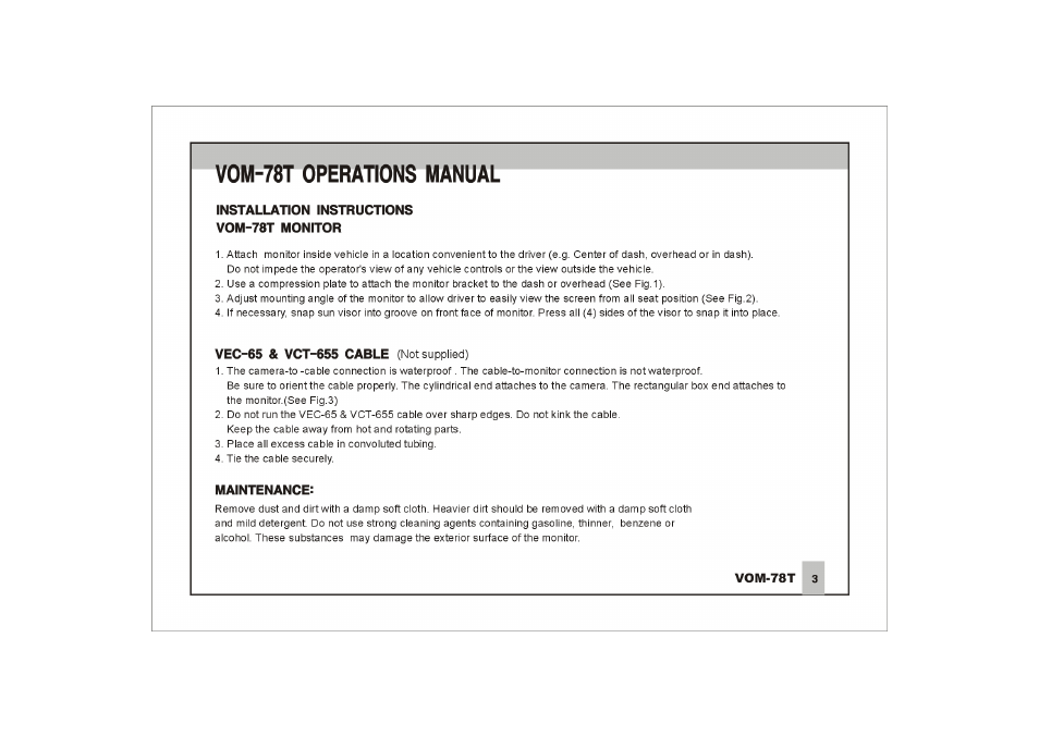 Installation instructions vom-78t monitor, Vec-65 & vct-655 cable (not supplied), Maintenance | Vom-78t operations manual | ASA Electronics Voyager VOM78T User Manual | Page 4 / 16