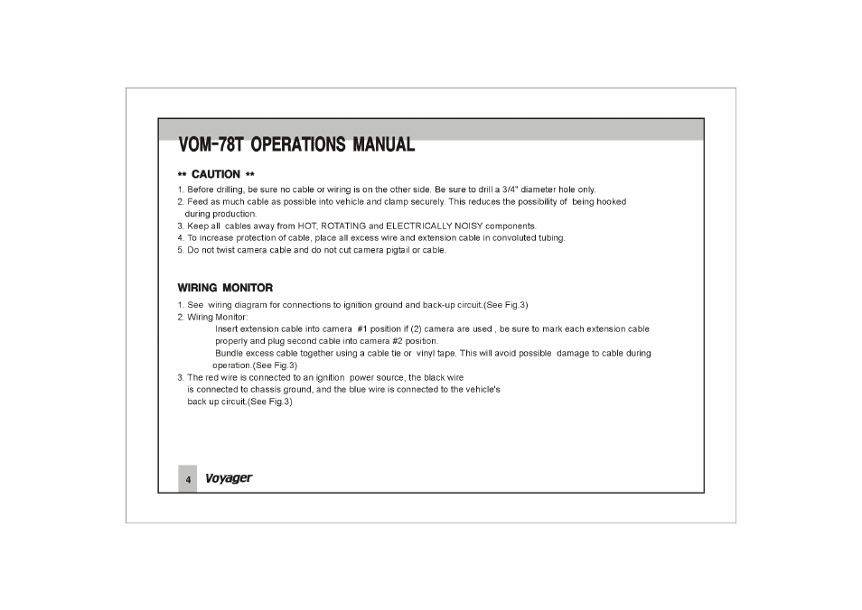 Caution, Wiring monitor, Vom-78t operations manual | ASA Electronics Voyager VOM78T User Manual | Page 5 / 16