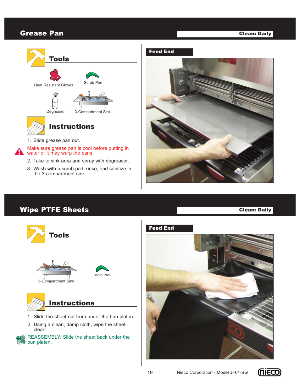 Grease pan, Tools instructions, Wipe ptfe sheets | Nieco JF64-BG User Manual | Page 19 / 35