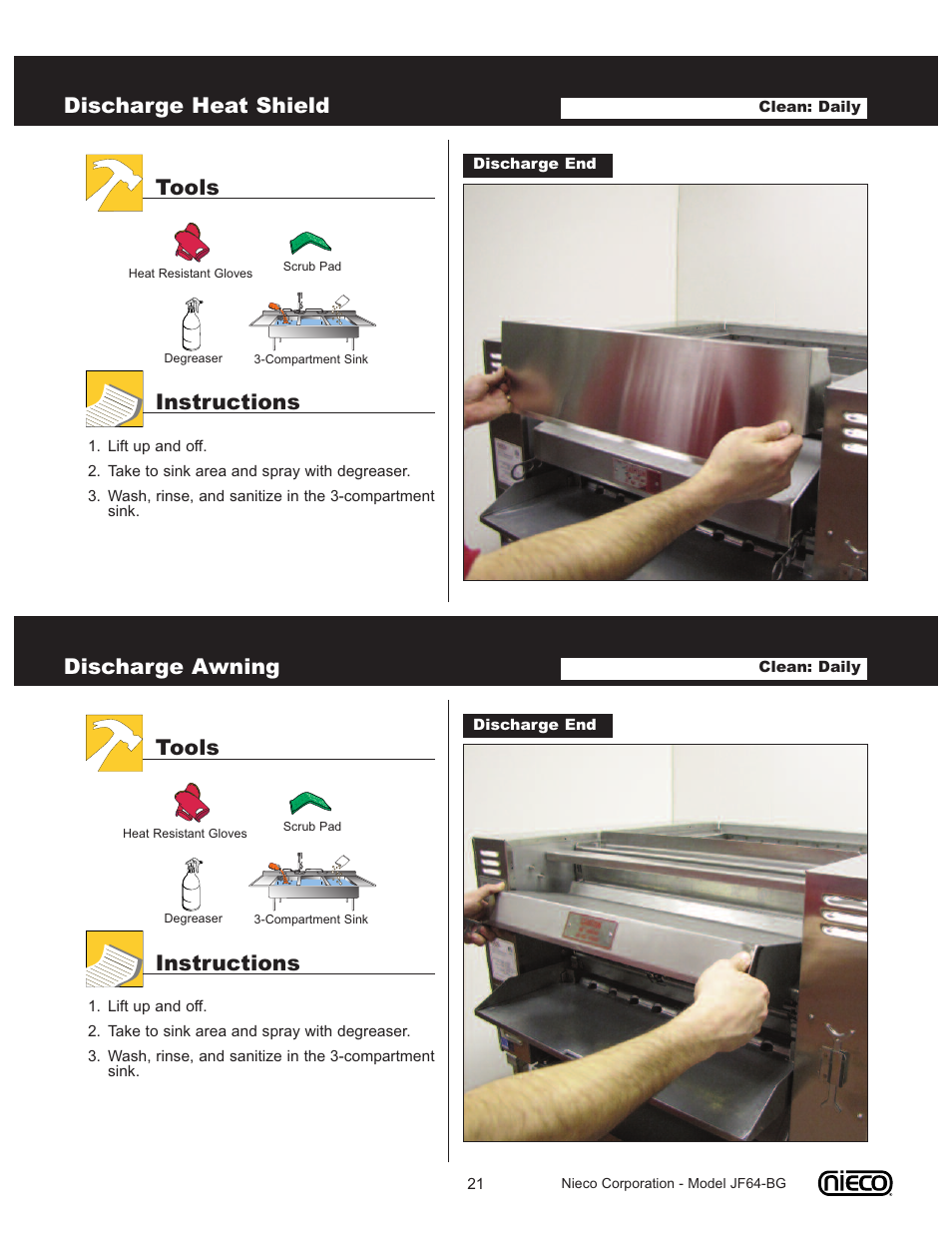 Discharge heat shield, Tools instructions, Discharge awning | Nieco JF64-BG User Manual | Page 21 / 35