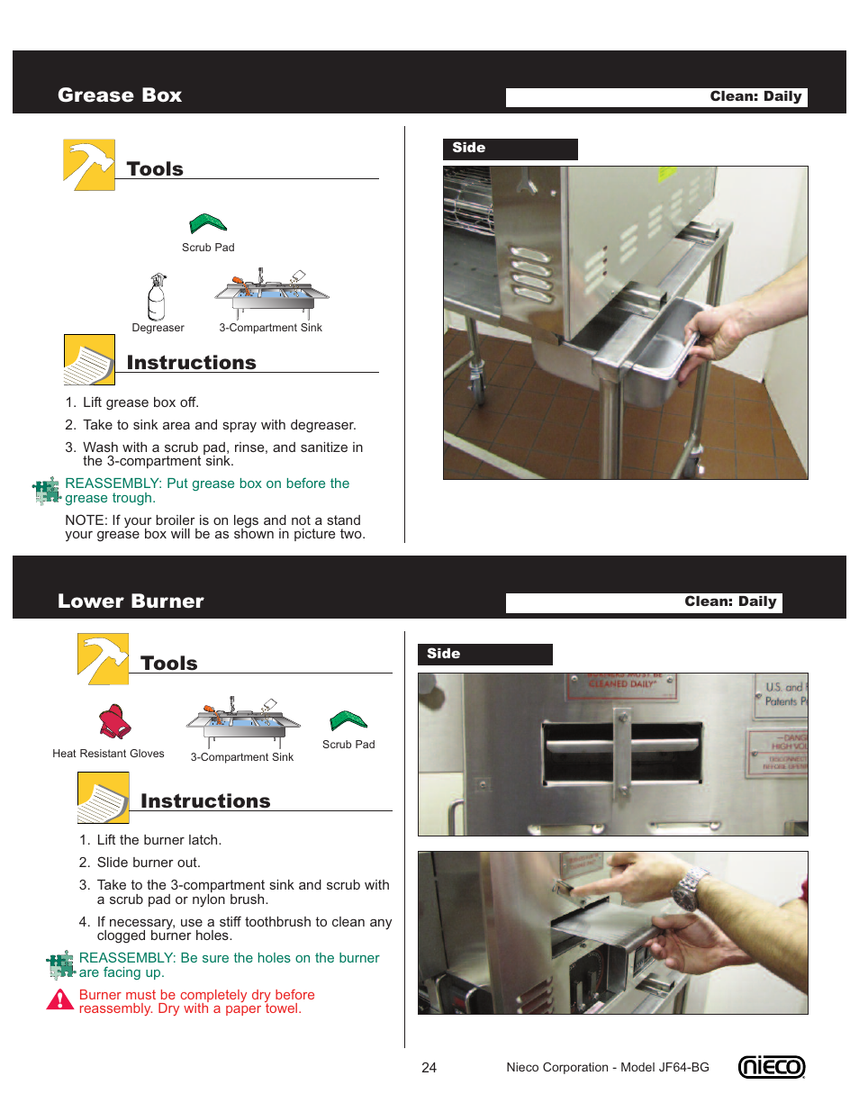 Grease box, Tools instructions, Lower burner | Nieco JF64-BG User Manual | Page 24 / 35