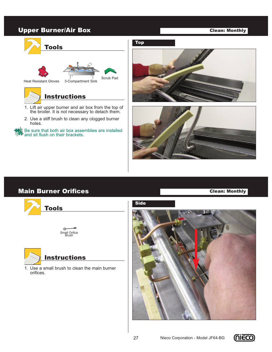 Upper burner/air box, Tools instructions, Main burner orifices | Nieco JF64-BG User Manual | Page 27 / 35