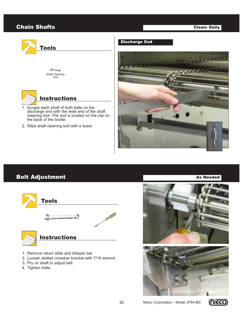 Chain shafts, Tools instructions, Belt adjustment | Nieco JF64-BG User Manual | Page 30 / 35
