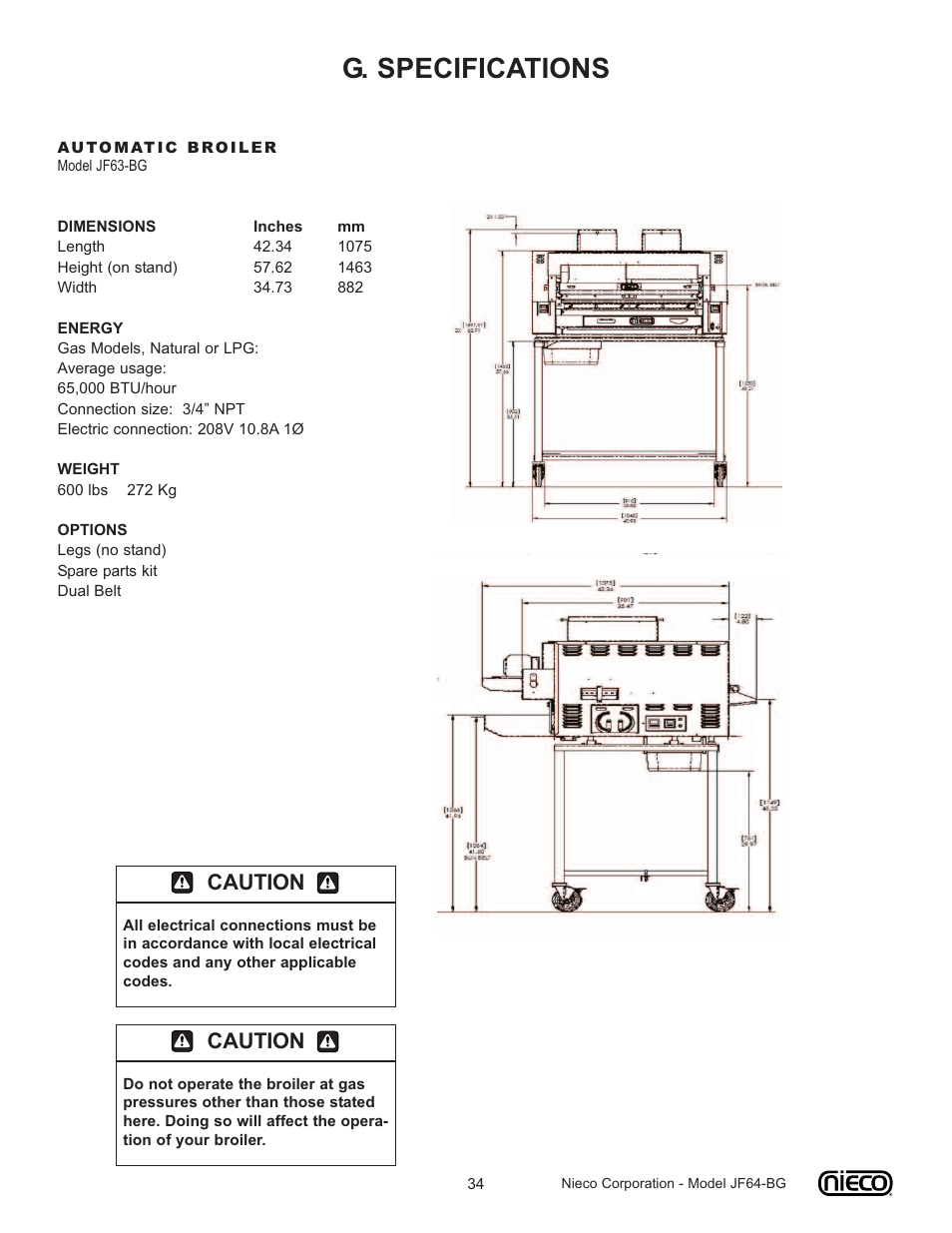 G. specifications, Caution | Nieco JF64-BG User Manual | Page 34 / 35