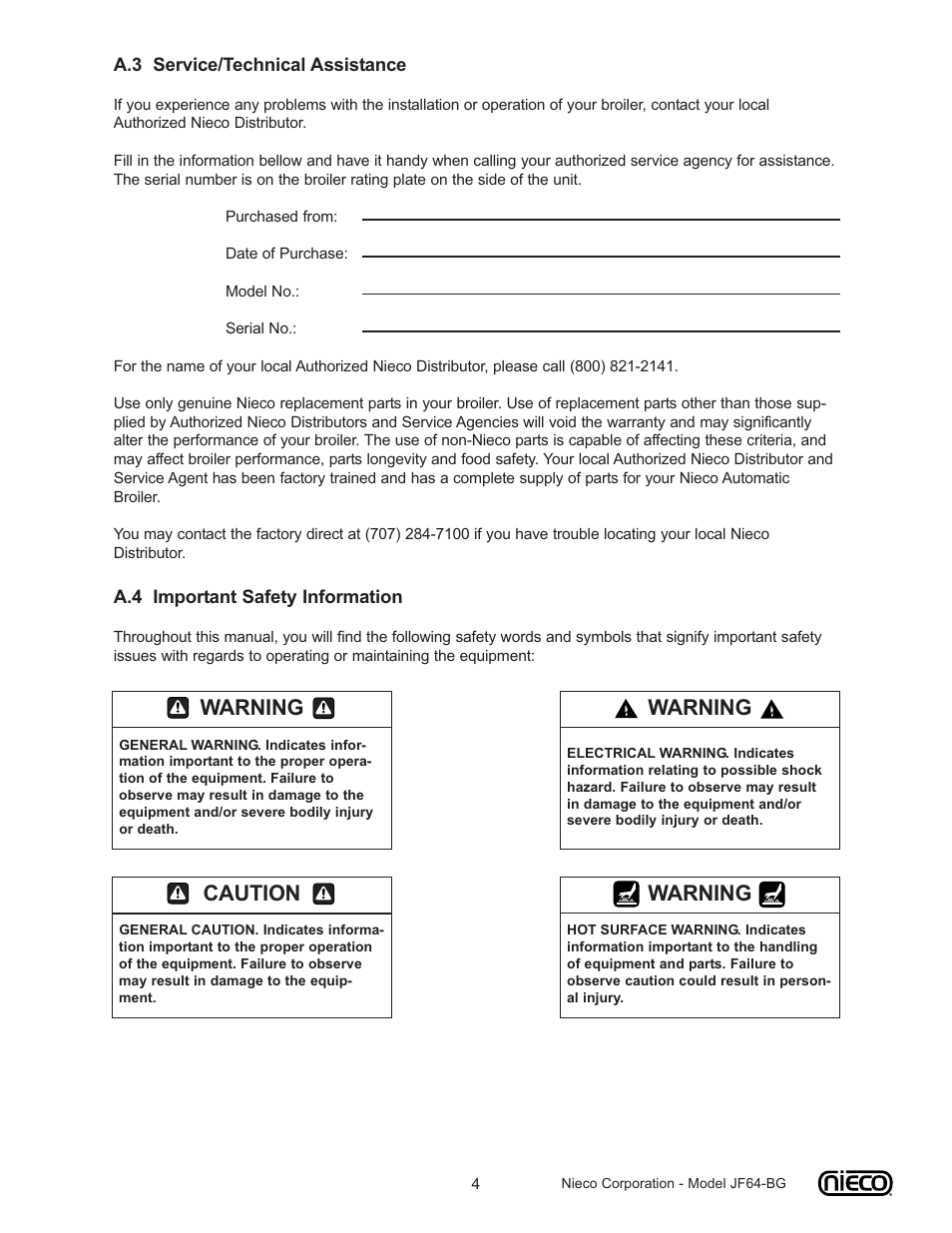 Warning, Caution | Nieco JF64-BG User Manual | Page 4 / 35