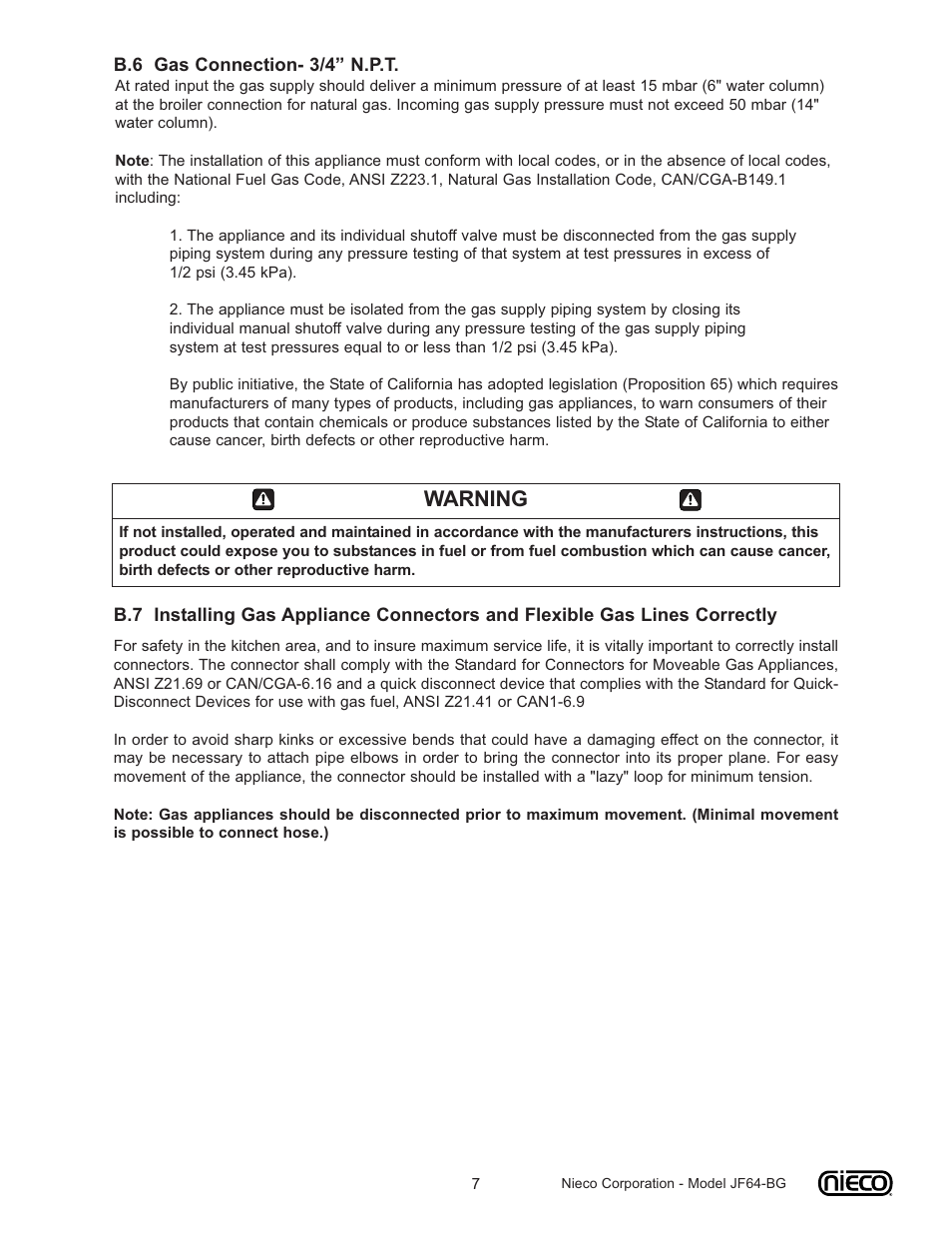 Warning | Nieco JF64-BG User Manual | Page 7 / 35