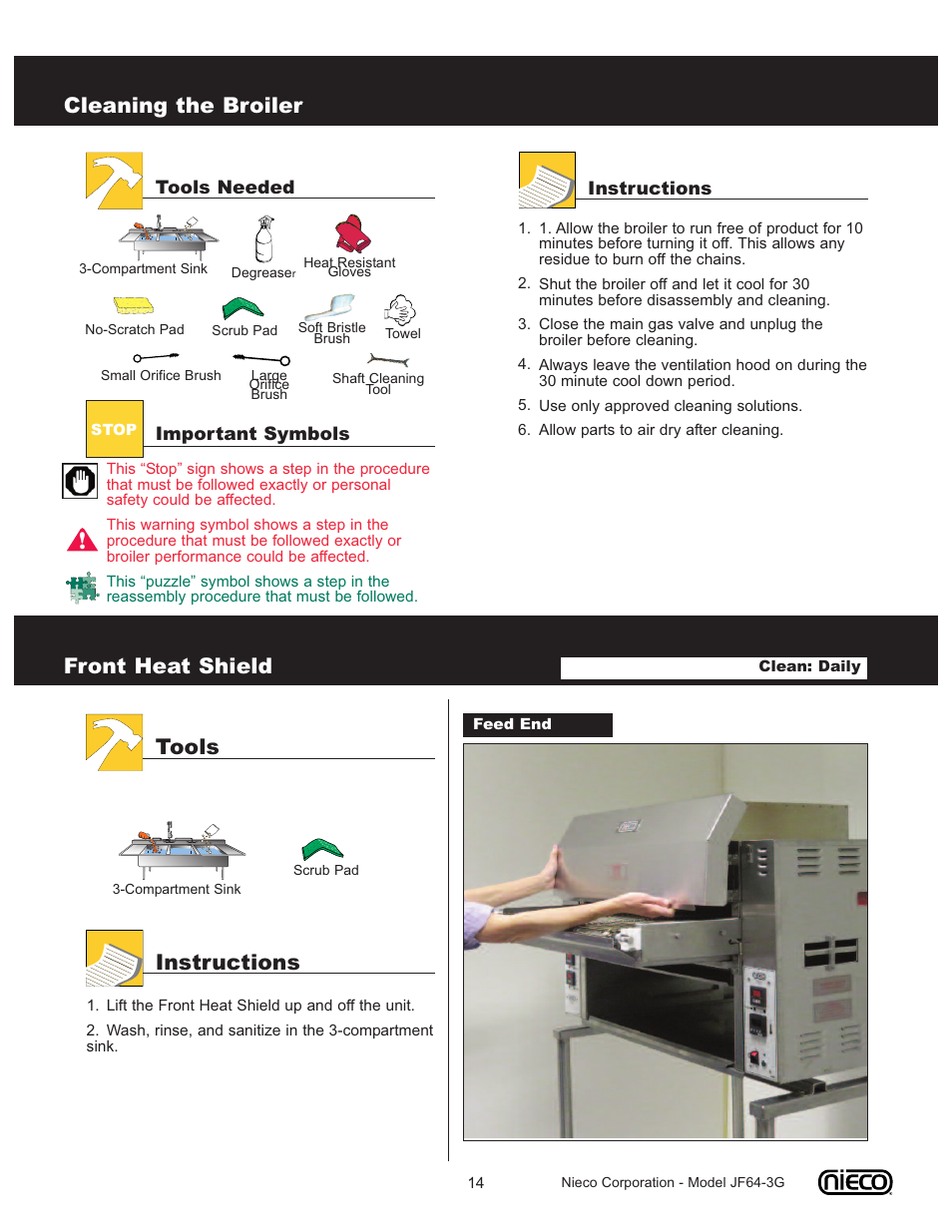 Cleaning the broiler, Front heat shield, Tools instructions | Nieco JF64 User Manual | Page 14 / 32