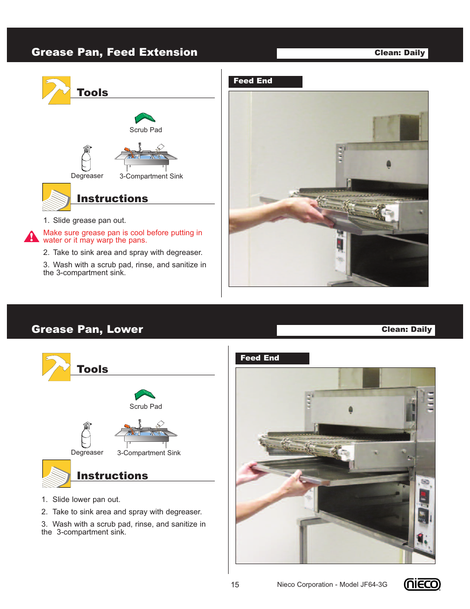 Grease pan, feed extension, Tools instructions, Grease pan, lower | Nieco JF64 User Manual | Page 15 / 32