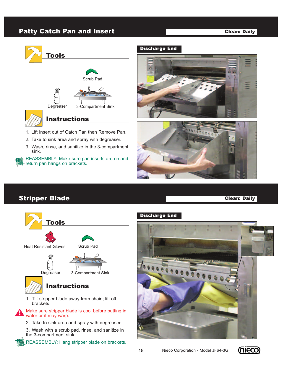 Patty catch pan and insert, Tools instructions, Stripper blade | Nieco JF64 User Manual | Page 18 / 32