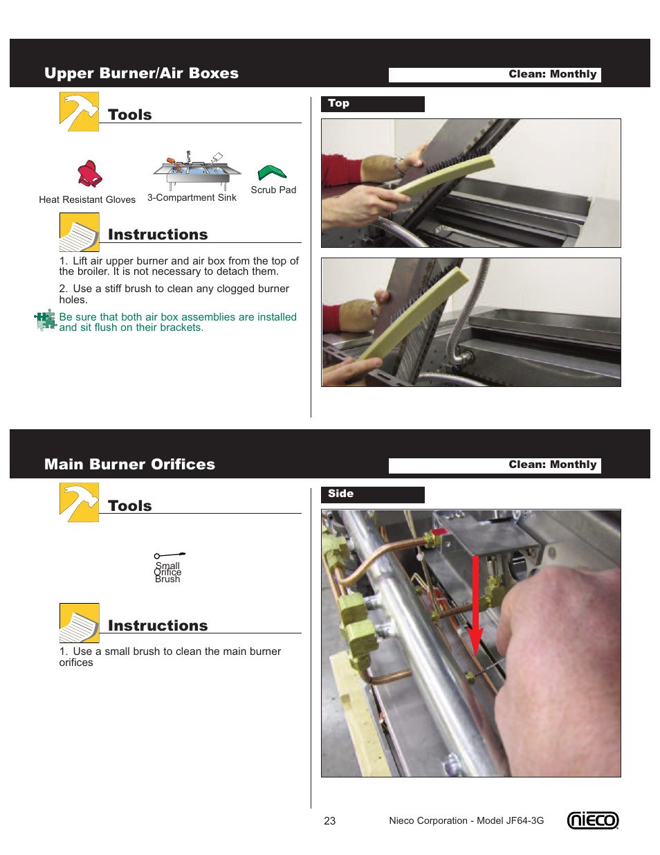 Upper burner/air boxes, Tools instructions, Main burner orifices | Nieco JF64 User Manual | Page 23 / 32