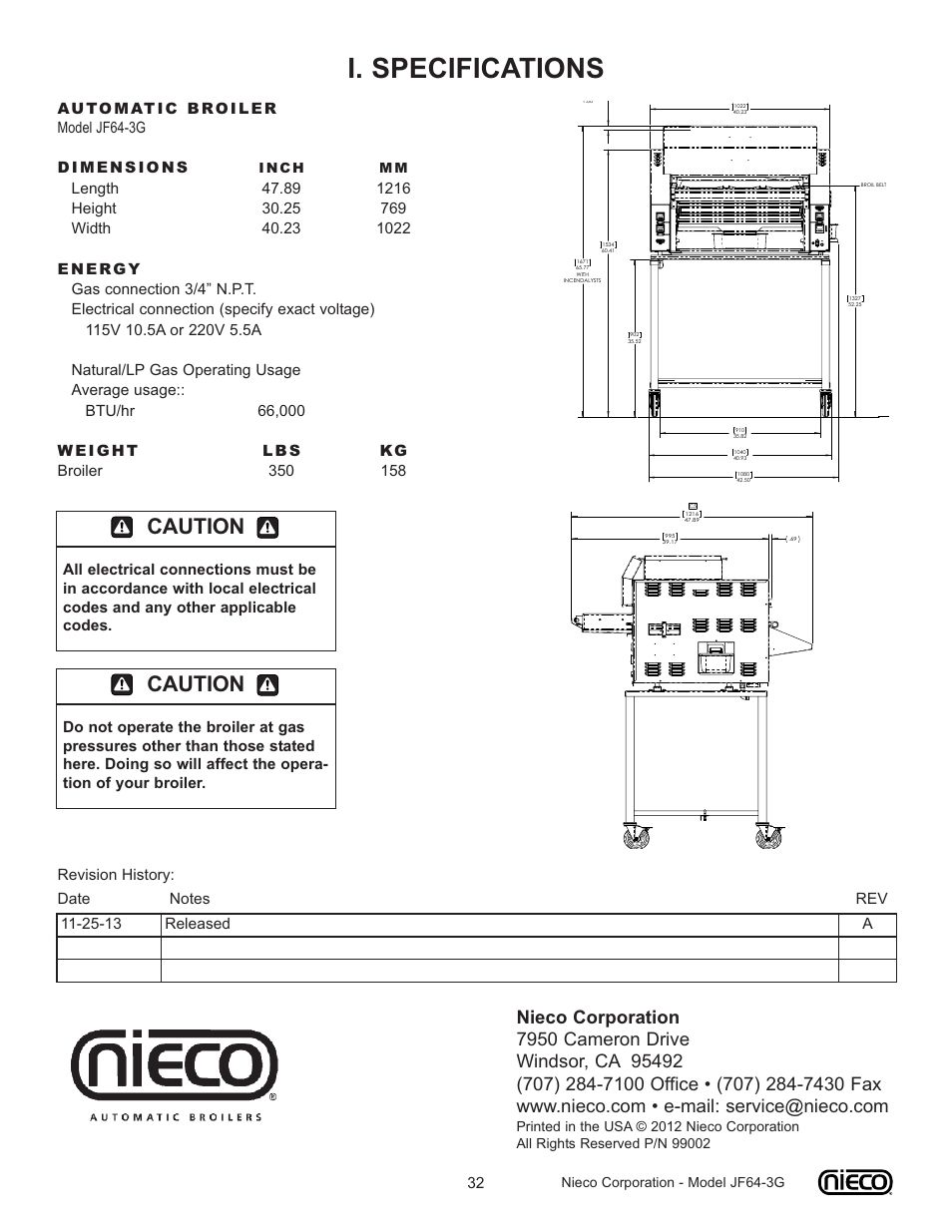 I. specifications, Caution, Automatic broiler model jf64-3g dimensions | Nieco corporation - model jf64-3g, Inch mm | Nieco JF64 User Manual | Page 32 / 32