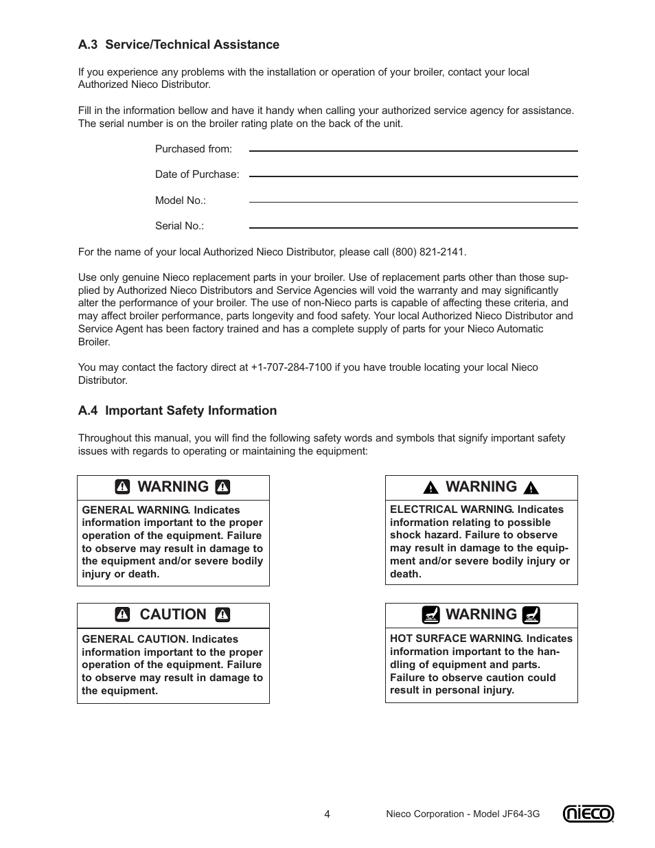 Warning, Caution | Nieco JF64 User Manual | Page 4 / 32