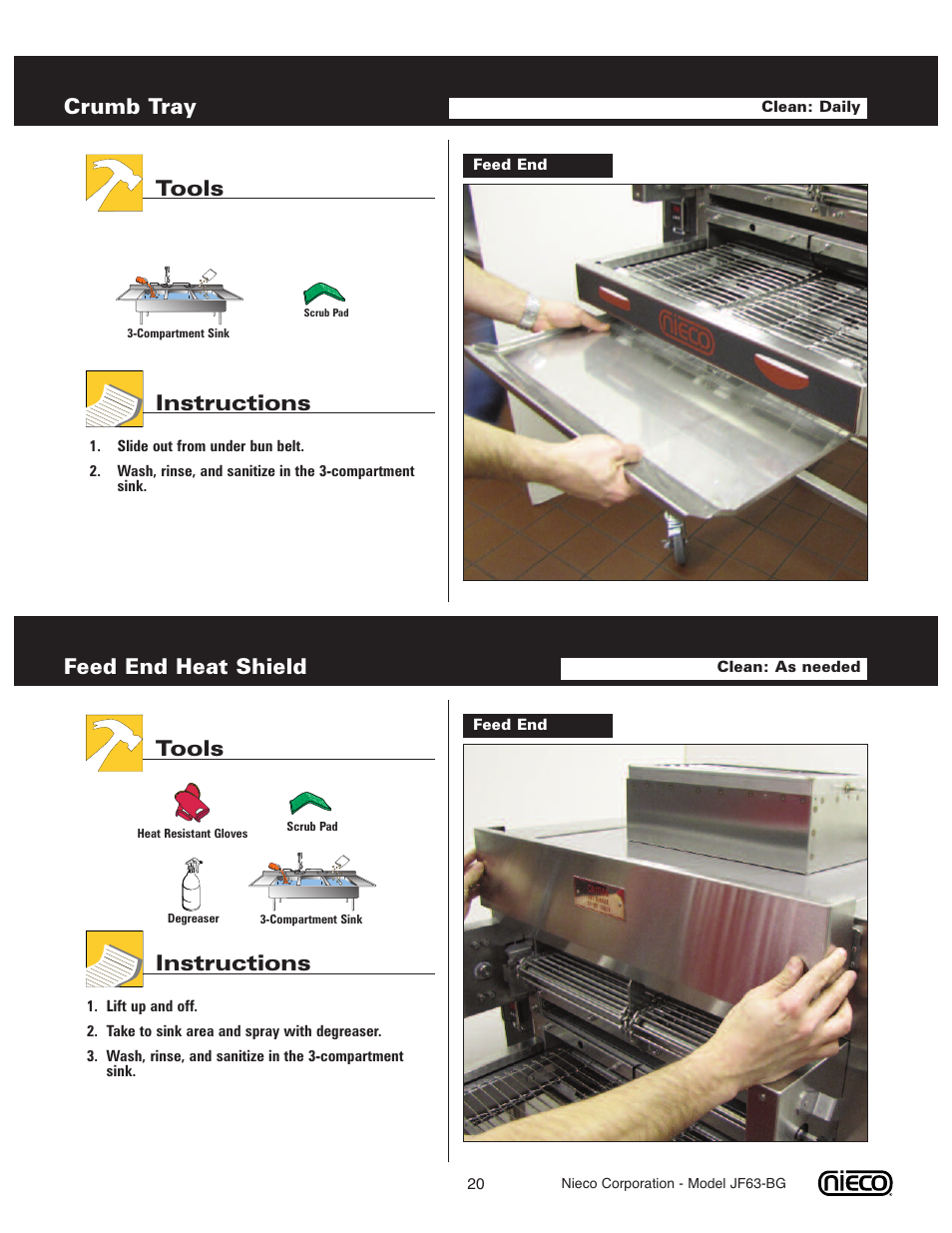 Crumb tray, Tools instructions, Feed end heat shield | Nieco JF63-BG User Manual | Page 20 / 36