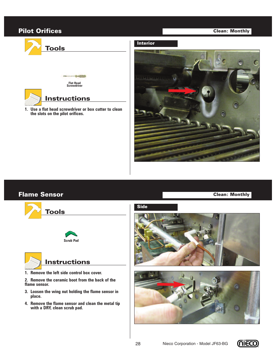 Pilot orifices, Tools instructions, Flame sensor | Nieco JF63-BG User Manual | Page 28 / 36