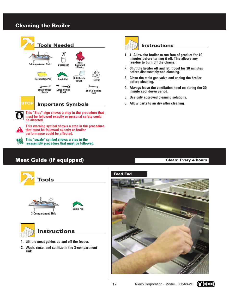 Cleaning the broiler, Meat guide (if equipped), Tools instructions | Instructions, Tools needed, Important symbols | Nieco JF63 User Manual | Page 17 / 40