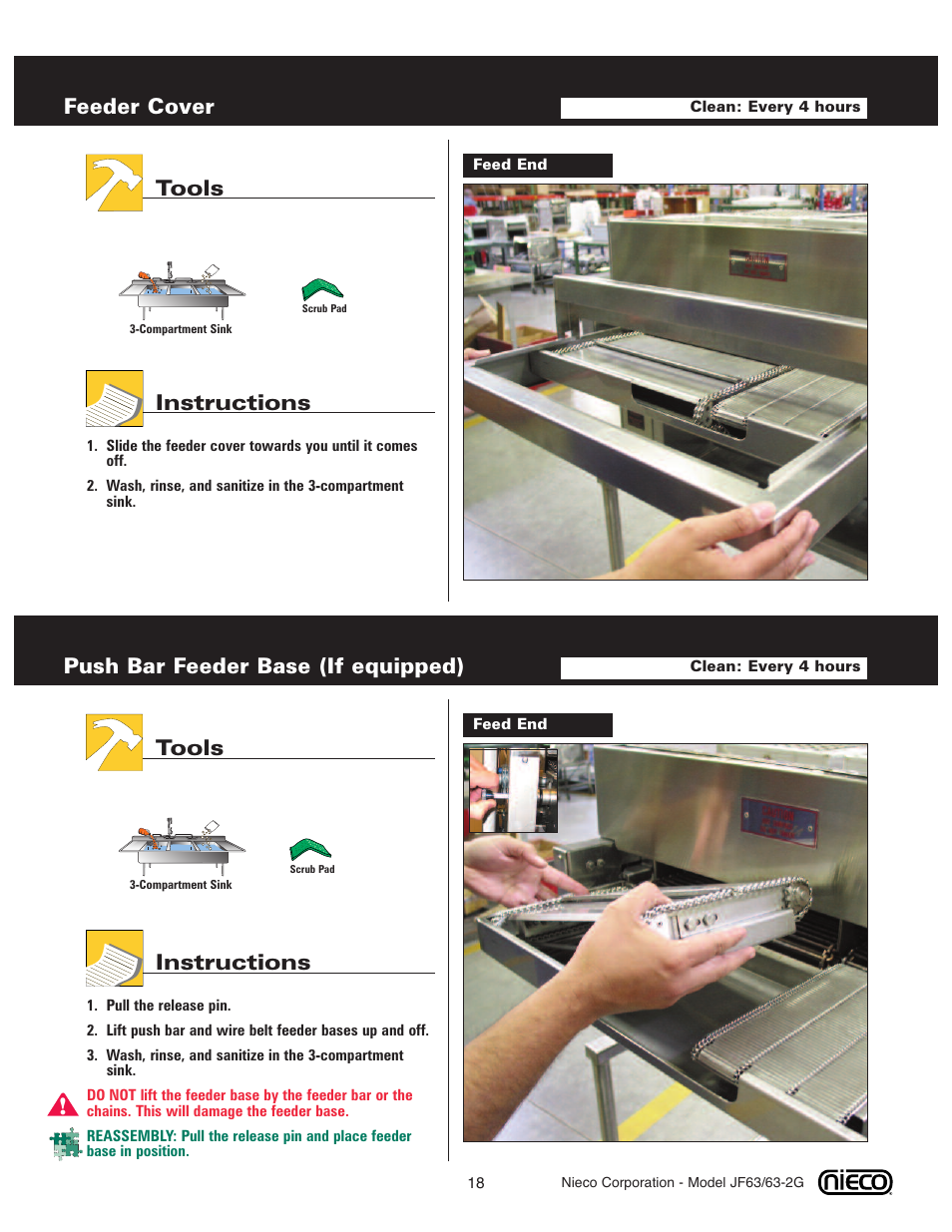 Feeder cover, Tools instructions, Push bar feeder base (if equipped) | Nieco JF63 User Manual | Page 18 / 40