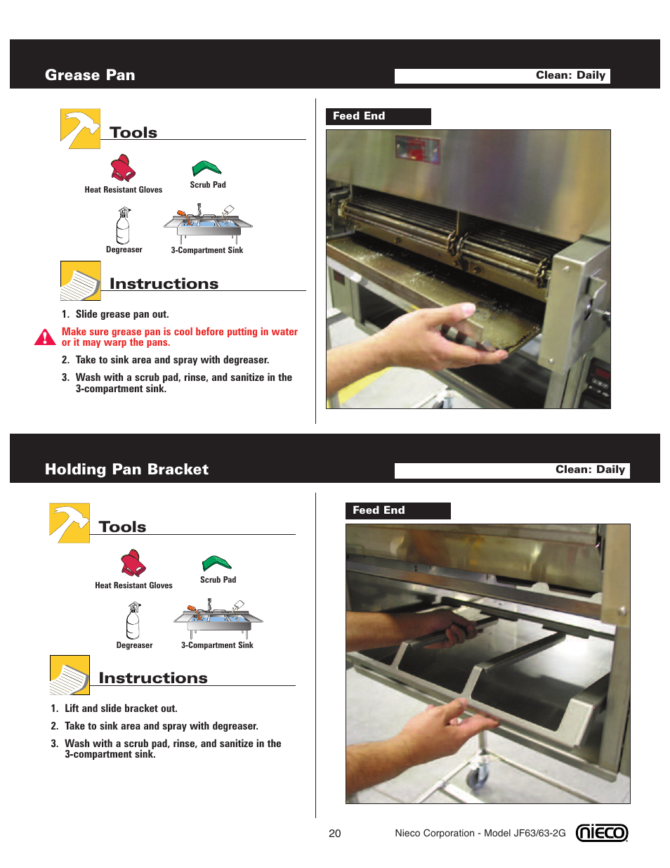 Grease pan, Tools instructions, Holding pan bracket | Nieco JF63 User Manual | Page 20 / 40