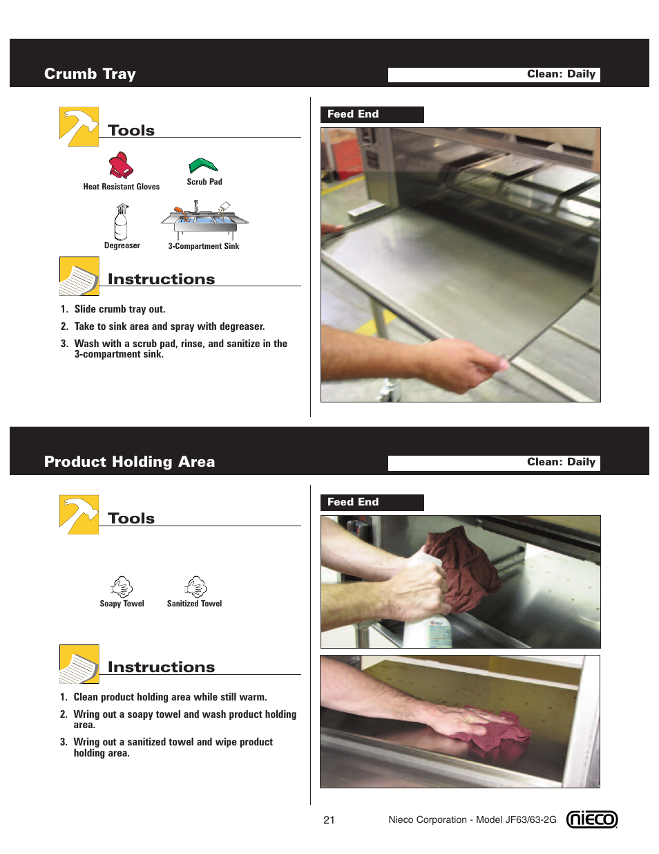 Crumb tray, Tools instructions, Product holding area | Nieco JF63 User Manual | Page 21 / 40