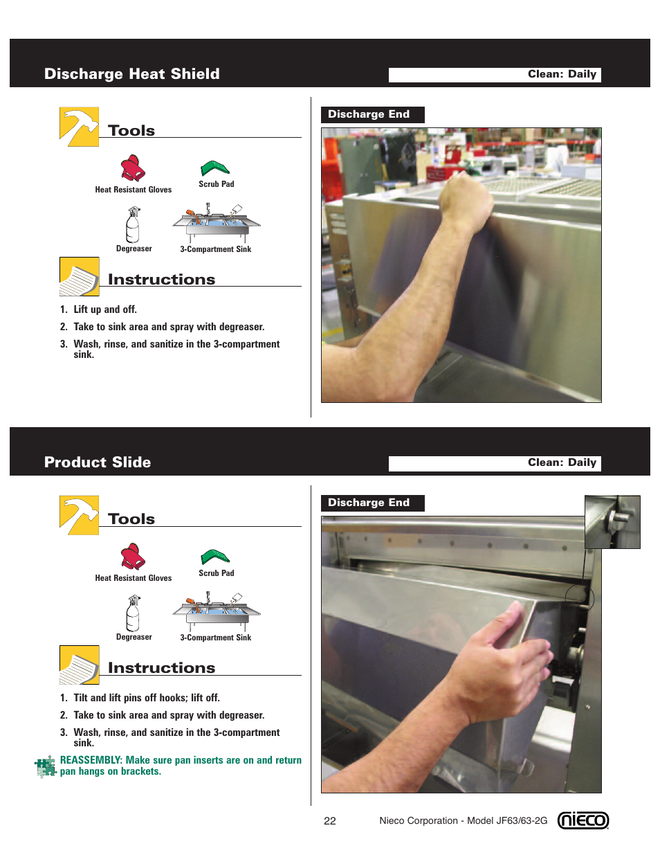 Discharge heat shield, Tools instructions, Product slide | Nieco JF63 User Manual | Page 22 / 40