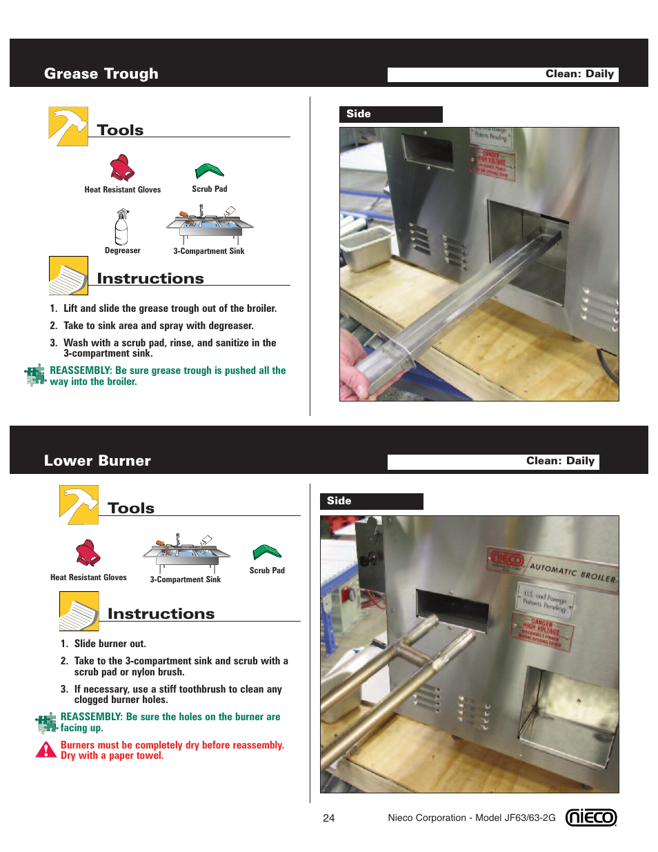 Grease trough, Tools instructions, Lower burner | Nieco JF63 User Manual | Page 24 / 40
