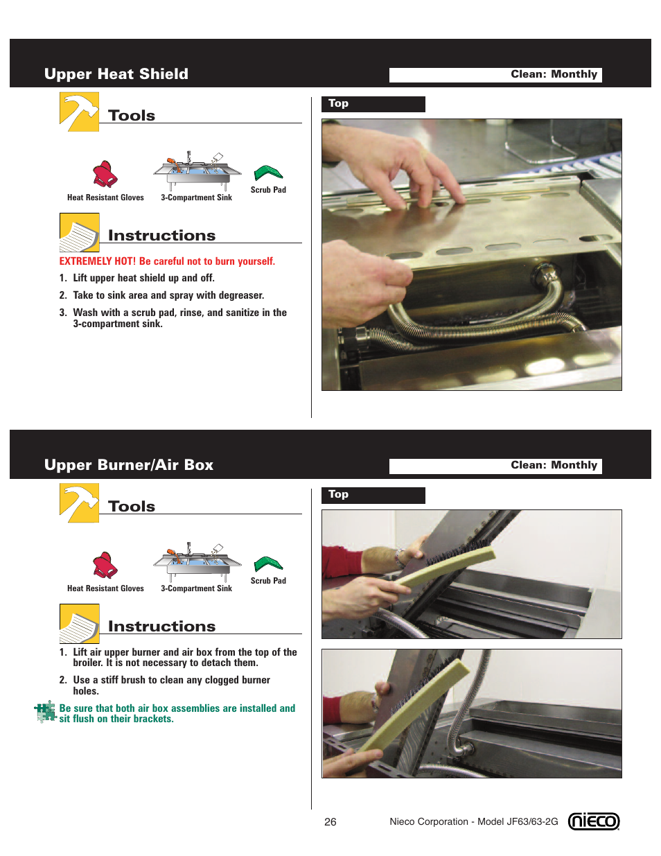 Upper heat shield, Tools instructions, Upper burner/air box | Nieco JF63 User Manual | Page 26 / 40