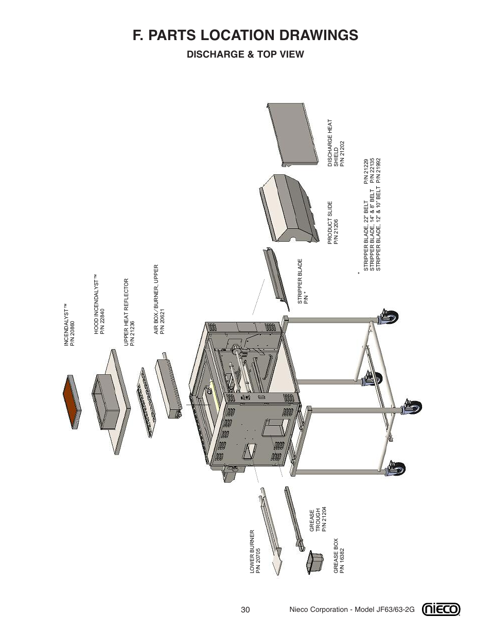 F. parts location drawings, Discharge & top view | Nieco JF63 User Manual | Page 30 / 40