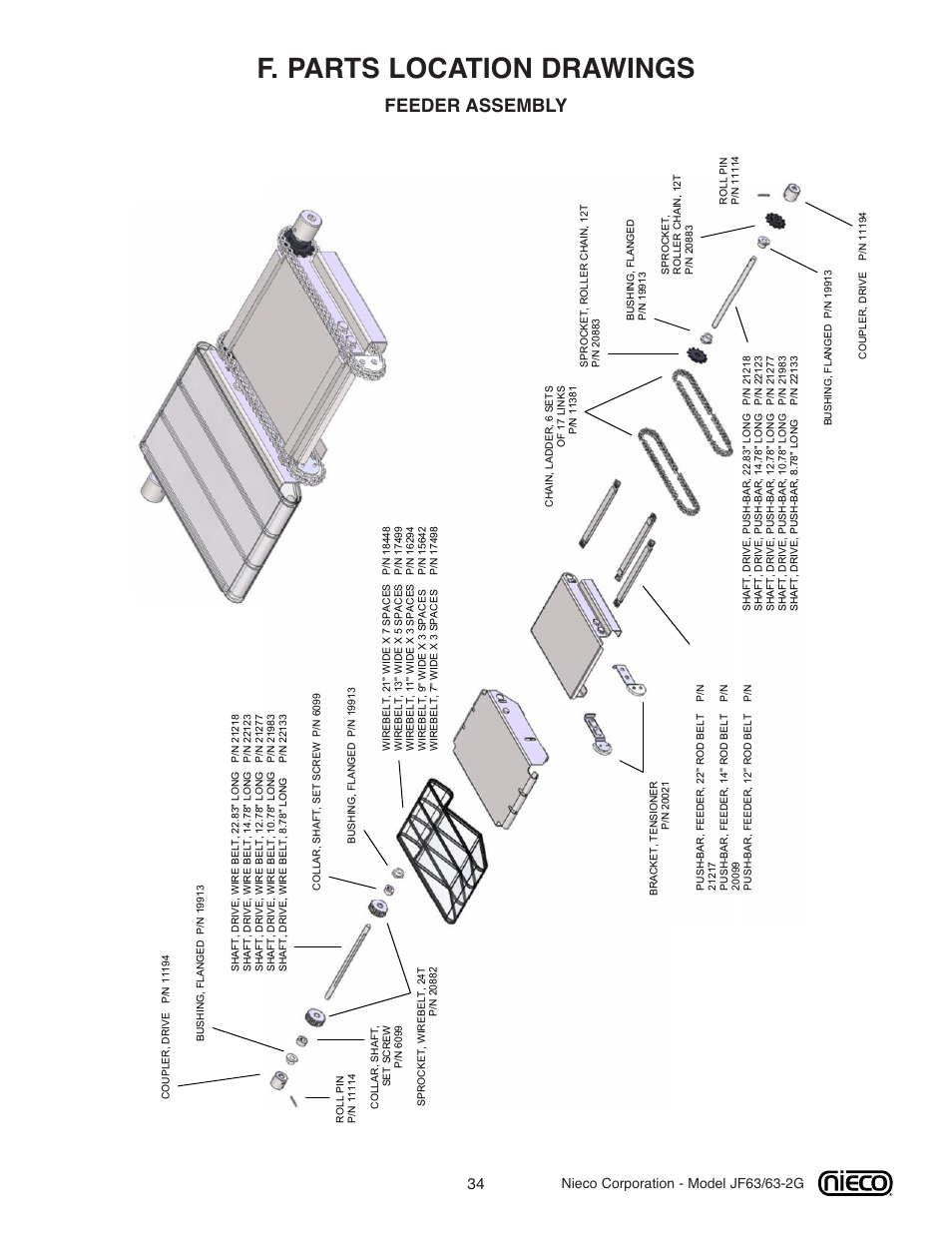 F. parts location drawings, Feeder assembly | Nieco JF63 User Manual | Page 34 / 40