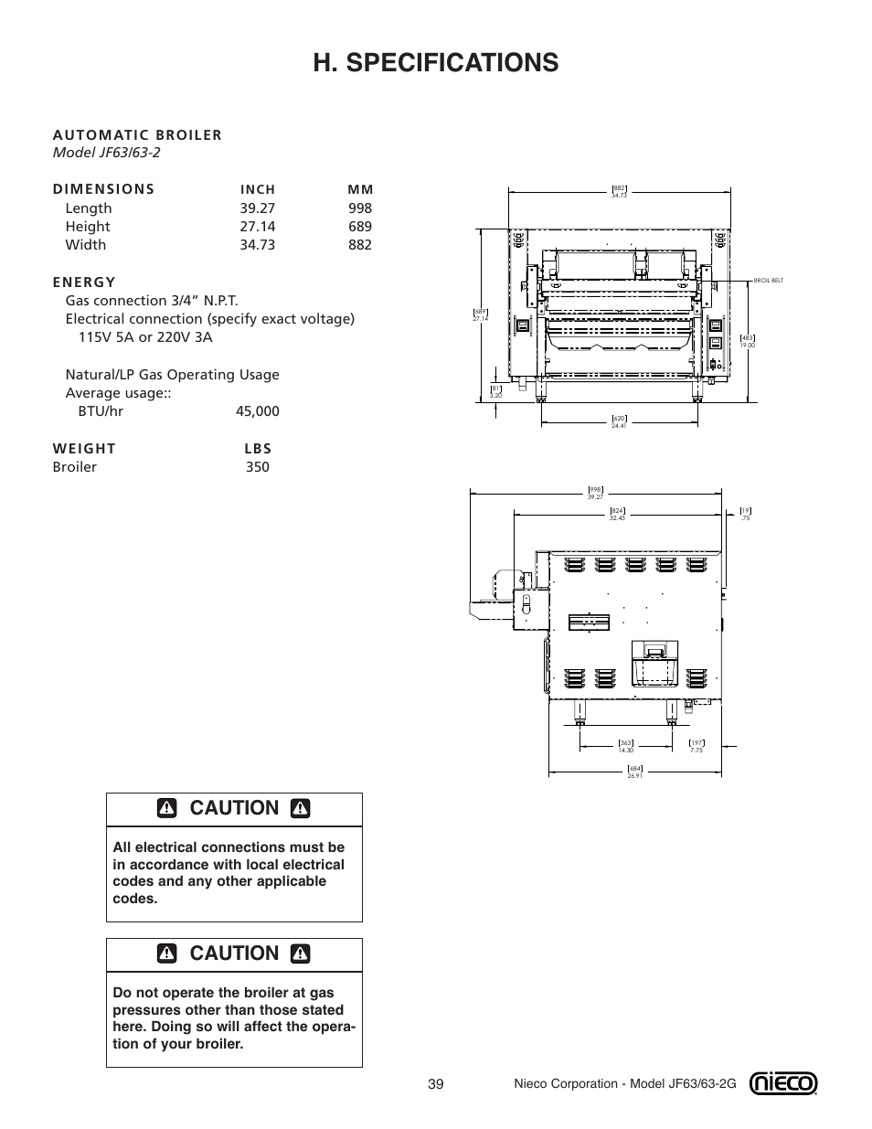 H. specifications, Caution | Nieco JF63 User Manual | Page 39 / 40