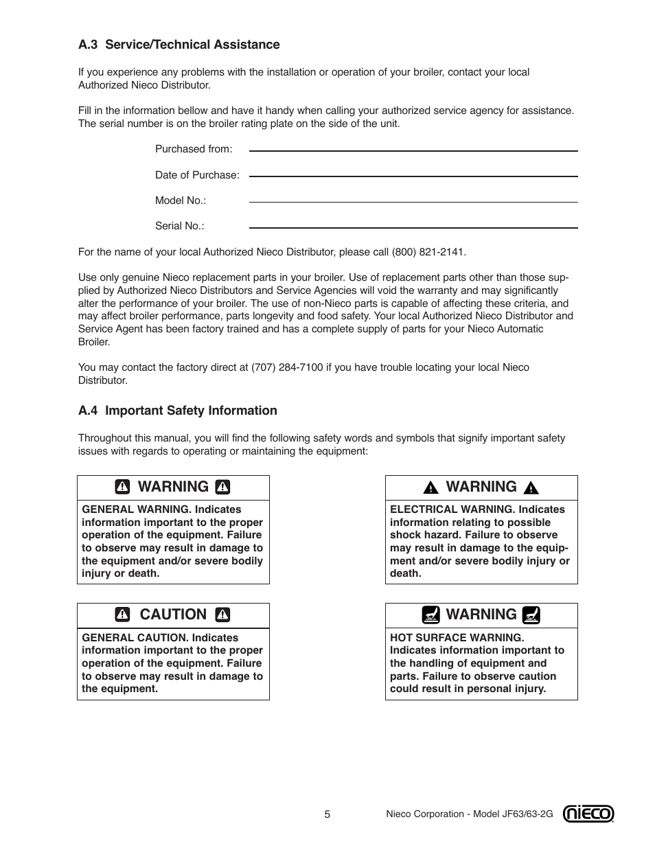 Warning, Caution | Nieco JF63 User Manual | Page 5 / 40