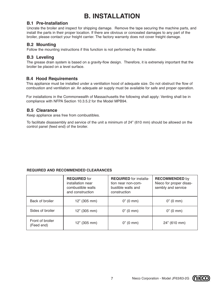 B. installation | Nieco JF63 User Manual | Page 7 / 40