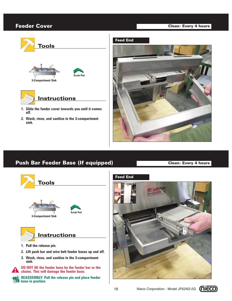 Feeder cover, Tools instructions, Push bar feeder base (if equipped) | Nieco JF62 User Manual | Page 15 / 30